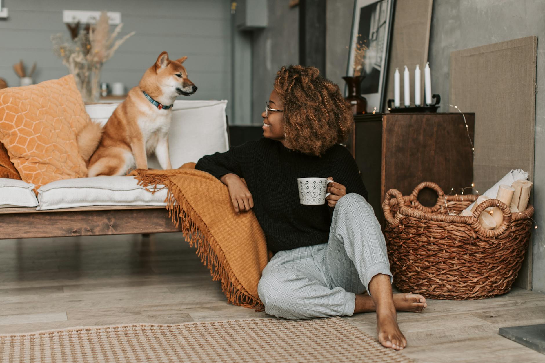 Kobieta z psem Shiba Inu odpoczywa na kanapie w przytulnym salonie